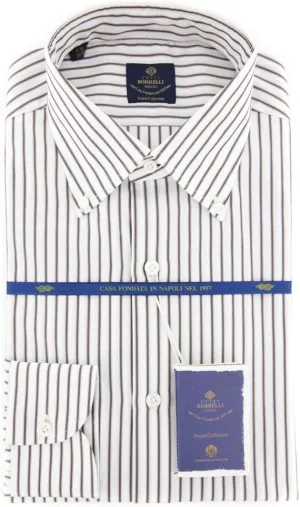 Brown Stripes Button-Down Collar Cotton Slim Fit Dress Shirt, Size Large 16