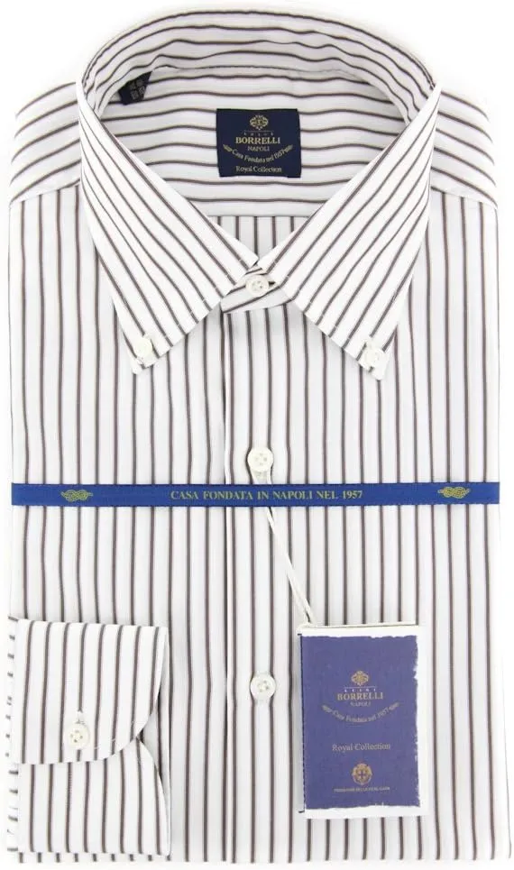Brown Stripes Button-Down Collar Cotton Slim Fit Dress Shirt, Size Large 16
