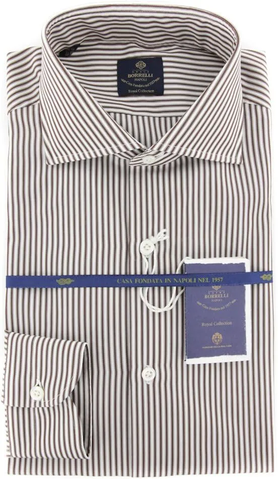 Brown Stripes Button Down Cotton Slim Fit Dress Shirt, Size x-Large 17.5