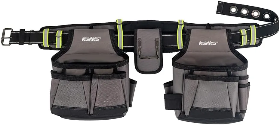 Bucket Boss 2 Tool Bag Tool Belt, Made from Durable Fabric, with High-Visibility Retro-Reflective Safety Strips, Barrel-Bottom Super Capacity Pouches & Speed Square Pocket,Grey,55105-HV,Size 52