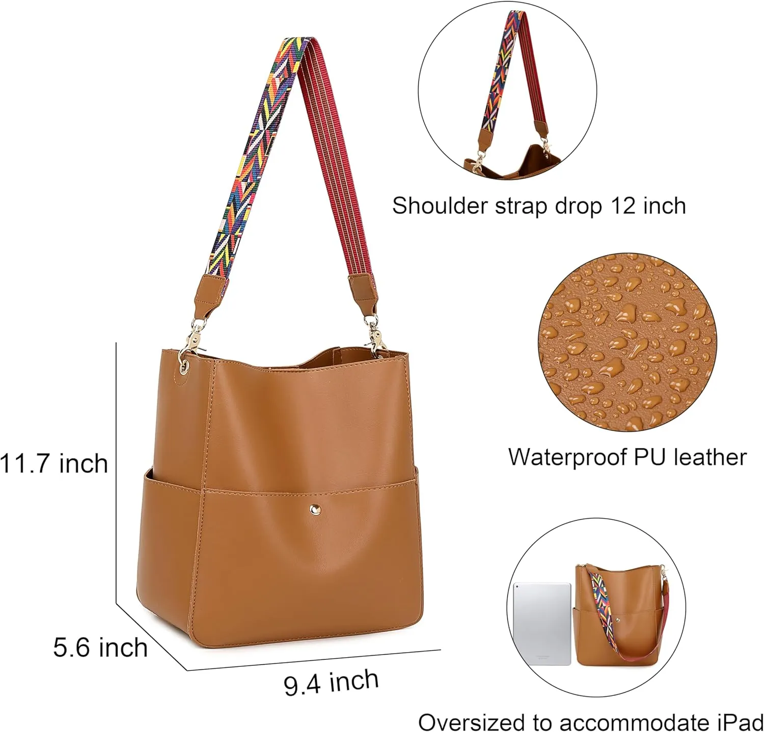 Bucket Purses for Women Designer PU Leather Bucket Bags With 2 Adjustable Guitar Strap Hobo Bags for Women
