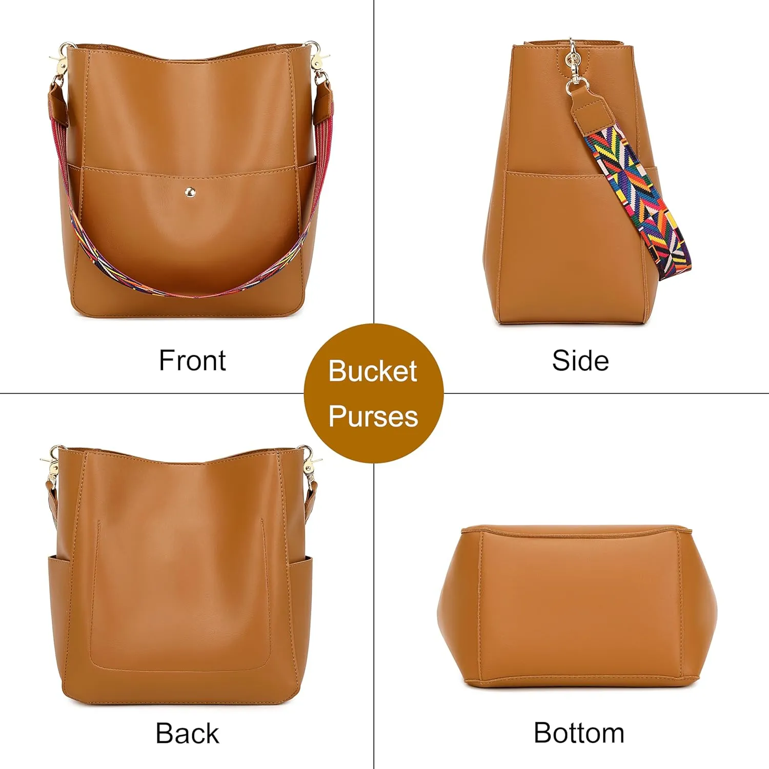Bucket Purses for Women Designer PU Leather Bucket Bags With 2 Adjustable Guitar Strap Hobo Bags for Women