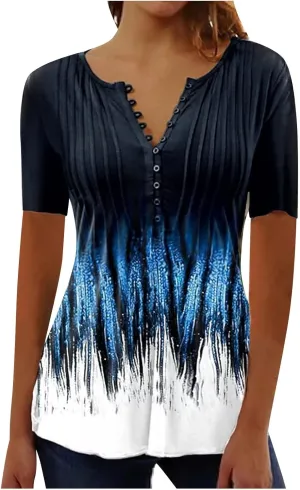 Button Down Shirts for Women Summer Floral Print Tunic Empire Waist Short Sleeve Henley v Neck Spring Blouses