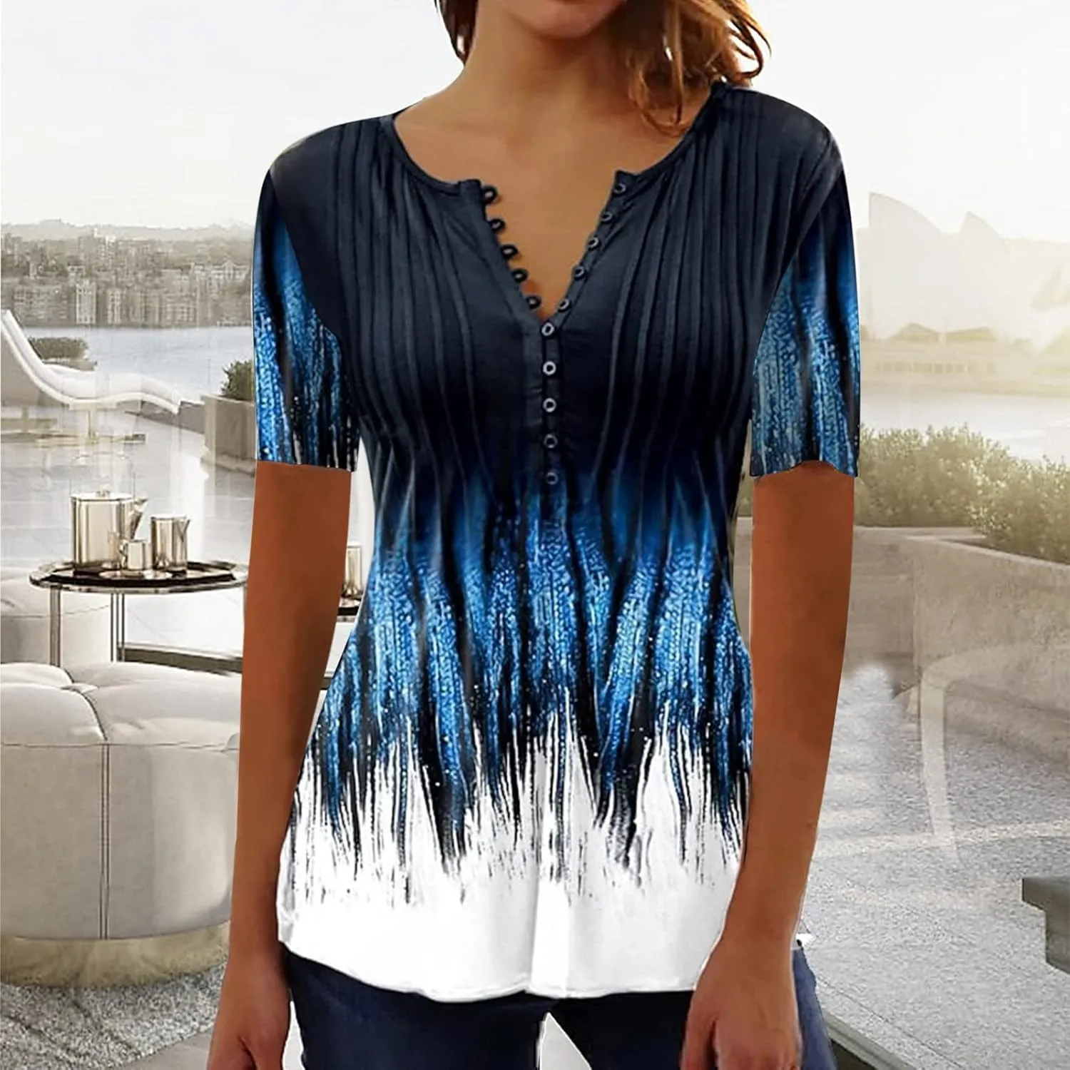 Button Down Shirts for Women Summer Floral Print Tunic Empire Waist Short Sleeve Henley v Neck Spring Blouses