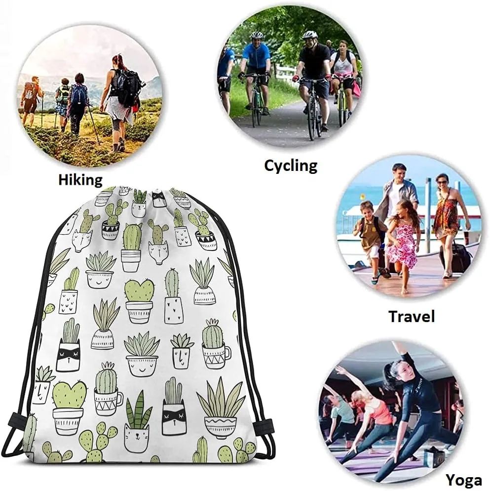 Cactus Drawstring Backpack - Floral Hand Drawn Summer Tropical Style Cacti Green Plants Art Nature Sport Gym Sack Drawstring Bag for Men Women
