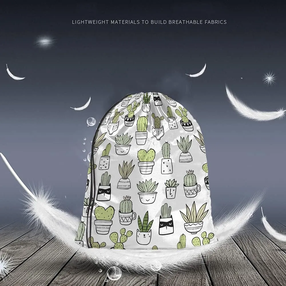 Cactus Drawstring Backpack - Floral Hand Drawn Summer Tropical Style Cacti Green Plants Art Nature Sport Gym Sack Drawstring Bag for Men Women
