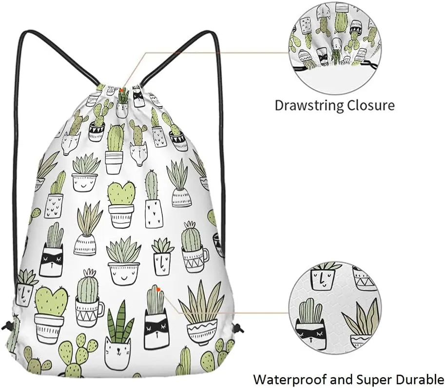 Cactus Drawstring Backpack - Floral Hand Drawn Summer Tropical Style Cacti Green Plants Art Nature Sport Gym Sack Drawstring Bag for Men Women