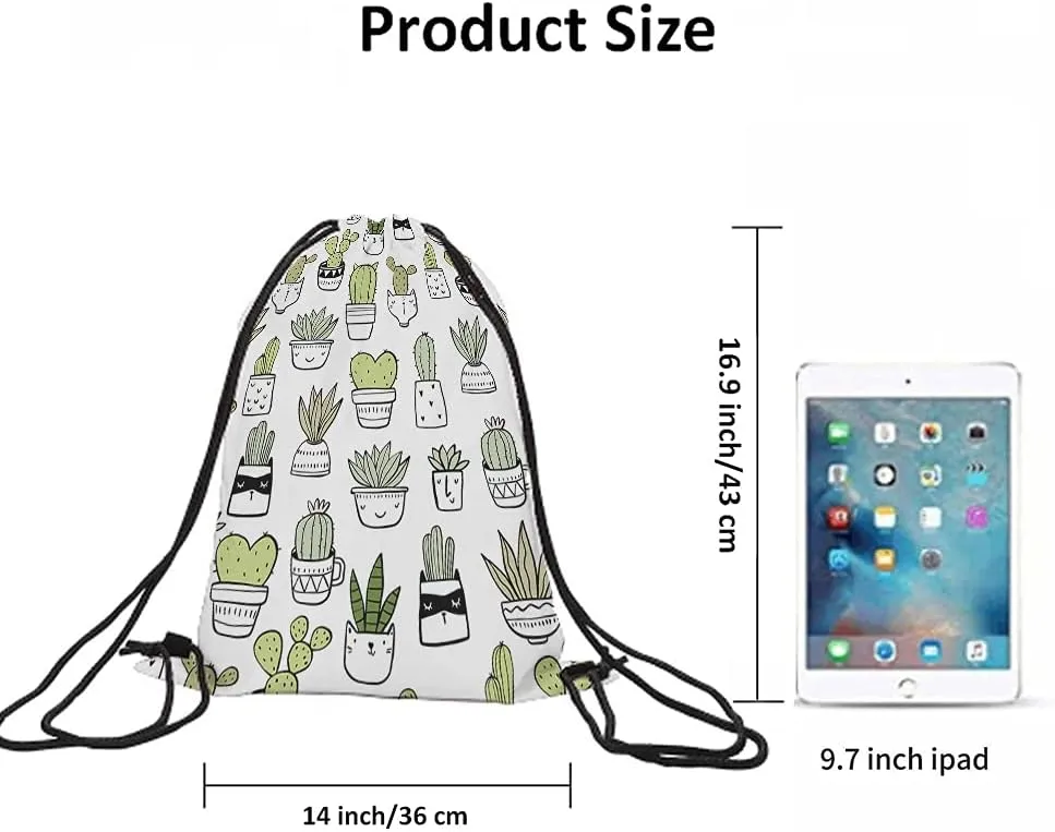 Cactus Drawstring Backpack - Floral Hand Drawn Summer Tropical Style Cacti Green Plants Art Nature Sport Gym Sack Drawstring Bag for Men Women