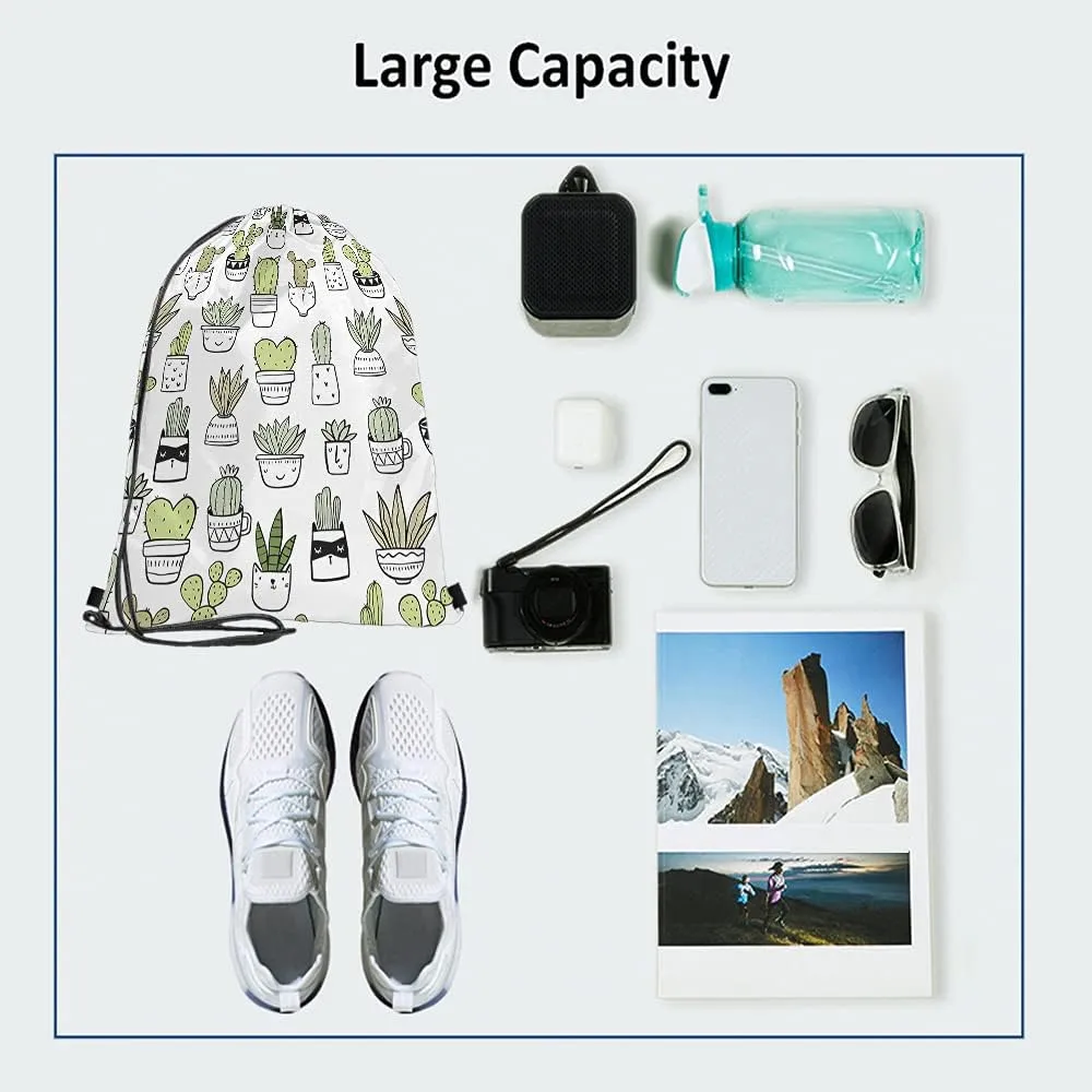 Cactus Drawstring Backpack - Floral Hand Drawn Summer Tropical Style Cacti Green Plants Art Nature Sport Gym Sack Drawstring Bag for Men Women