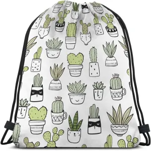 Cactus Drawstring Backpack - Floral Hand Drawn Summer Tropical Style Cacti Green Plants Art Nature Sport Gym Sack Drawstring Bag for Men Women