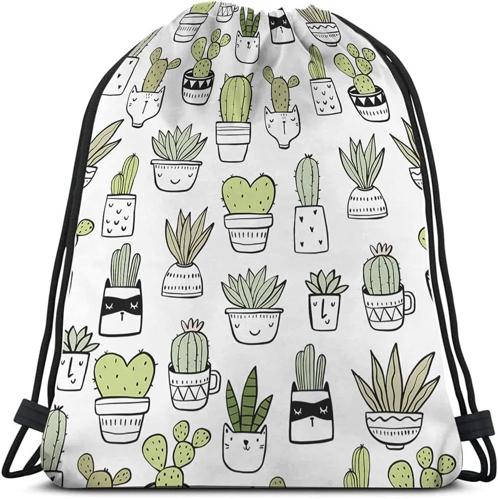 Cactus Drawstring Backpack - Floral Hand Drawn Summer Tropical Style Cacti Green Plants Art Nature Sport Gym Sack Drawstring Bag for Men Women