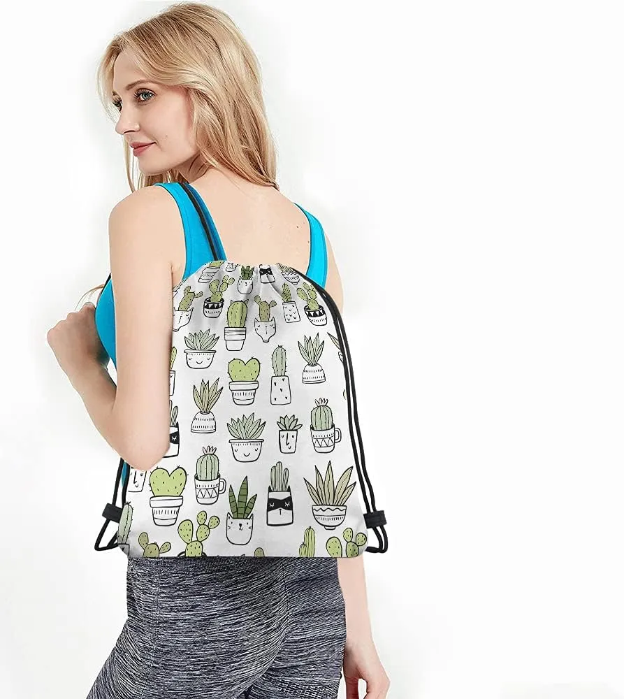 Cactus Drawstring Backpack - Floral Hand Drawn Summer Tropical Style Cacti Green Plants Art Nature Sport Gym Sack Drawstring Bag for Men Women