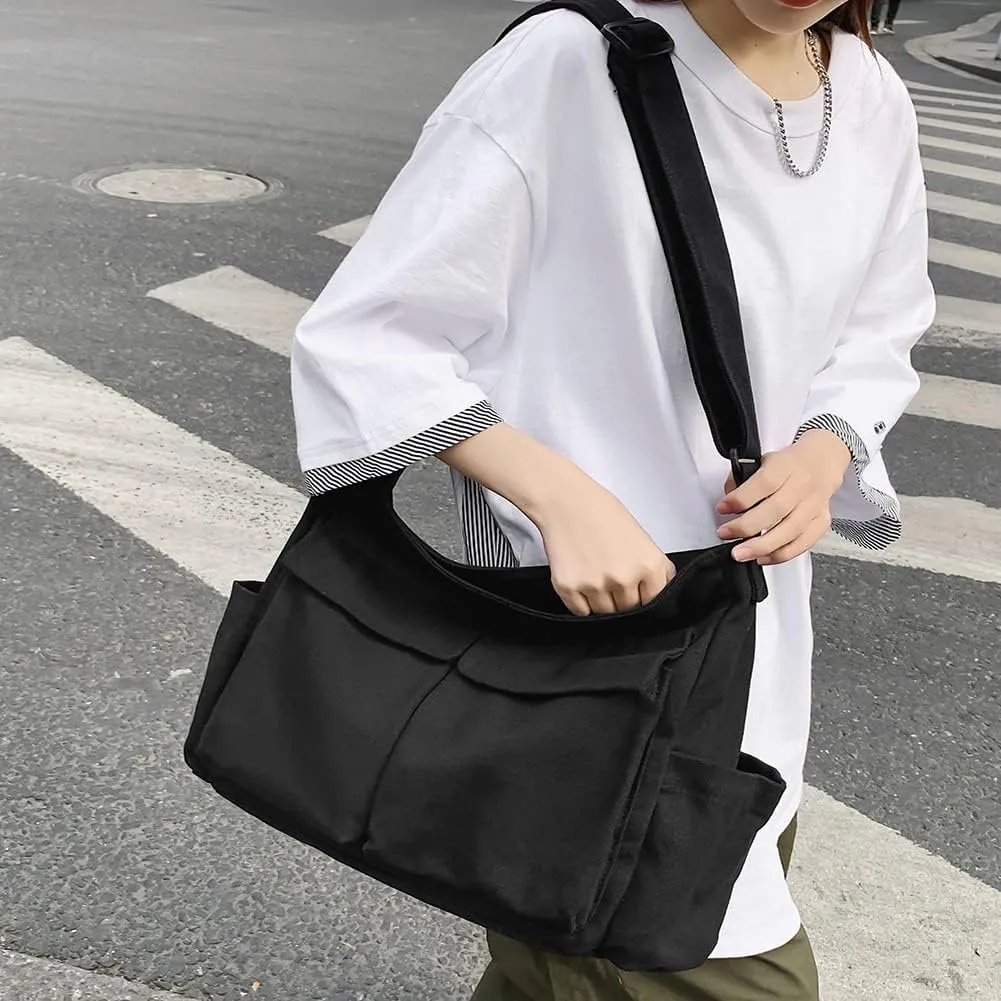 Canvas Crossbody Bag Messenger Cute Bag with Pins and Pendant for Women Girls Casual Shoulder Aesthetic School bag