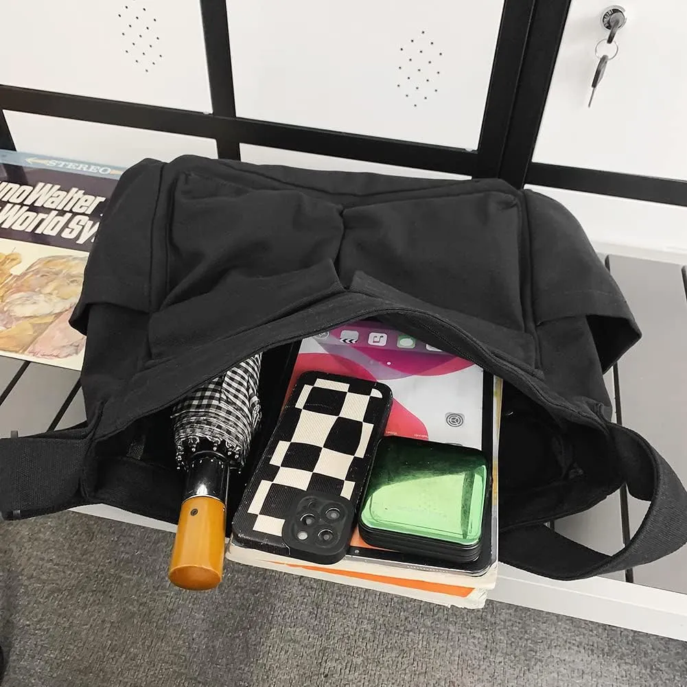 Canvas Crossbody Bag Messenger Cute Bag with Pins and Pendant for Women Girls Casual Shoulder Aesthetic School bag