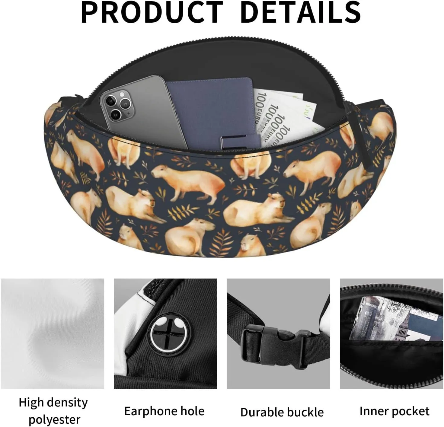 Capybara Fanny Pack Waist Bag Adjustable Belt Bag For Men Women Traveling Hiking Cycling Running