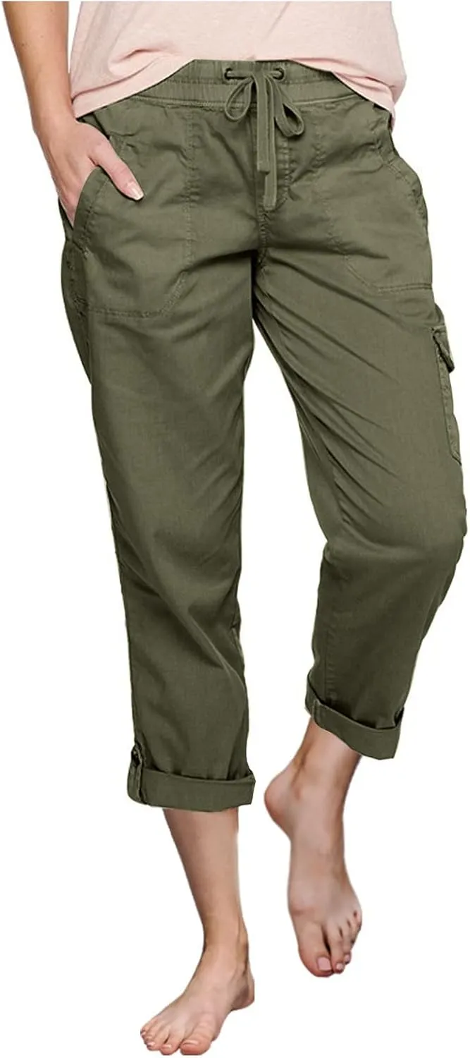 Cargo Capri Athletic Pants Women Lightweight Quick Dry Cropped Summer Loose Fit Elastic Waist Sports Hiking Trousers
