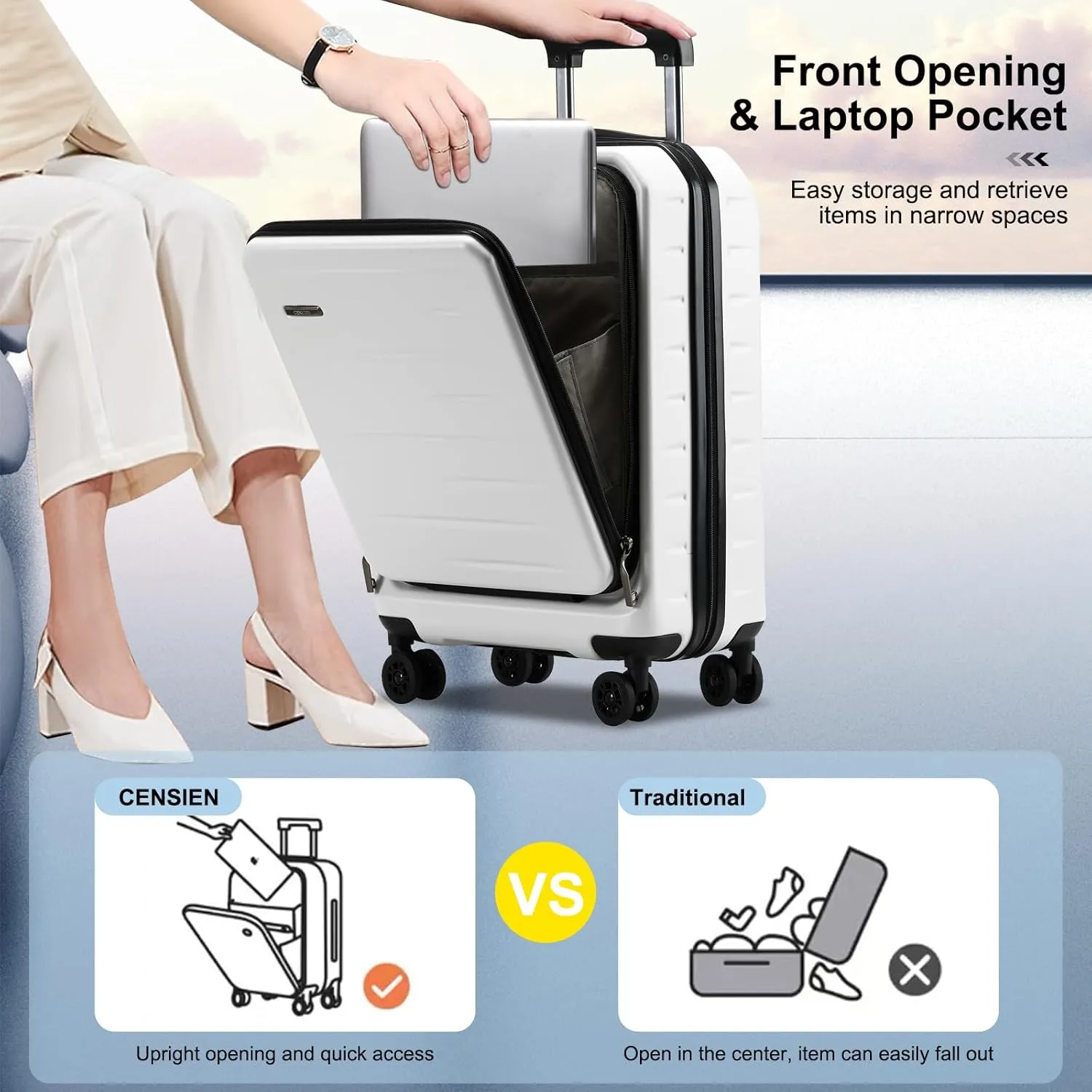 Carry On Luggage 22×14×9 Airline Approved, 20 Inch Lightweight ABS PC Hard Shell Suitcases with Front Pocket, Spinner Wheels, TSA Lock (White, 1PC)