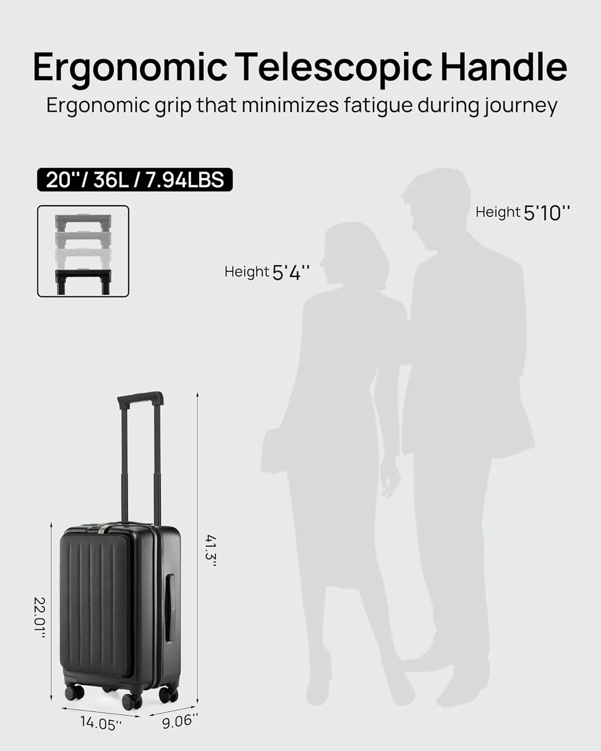 Carry on Luggage 22X14X9 Airline Approved with Front Pocket, 20 Inch Luggage with Front Laptop Compartment, Expandable, Double Spinner Wheels, Hardsided PC, TSA Lock (Midnight Black, Seine)