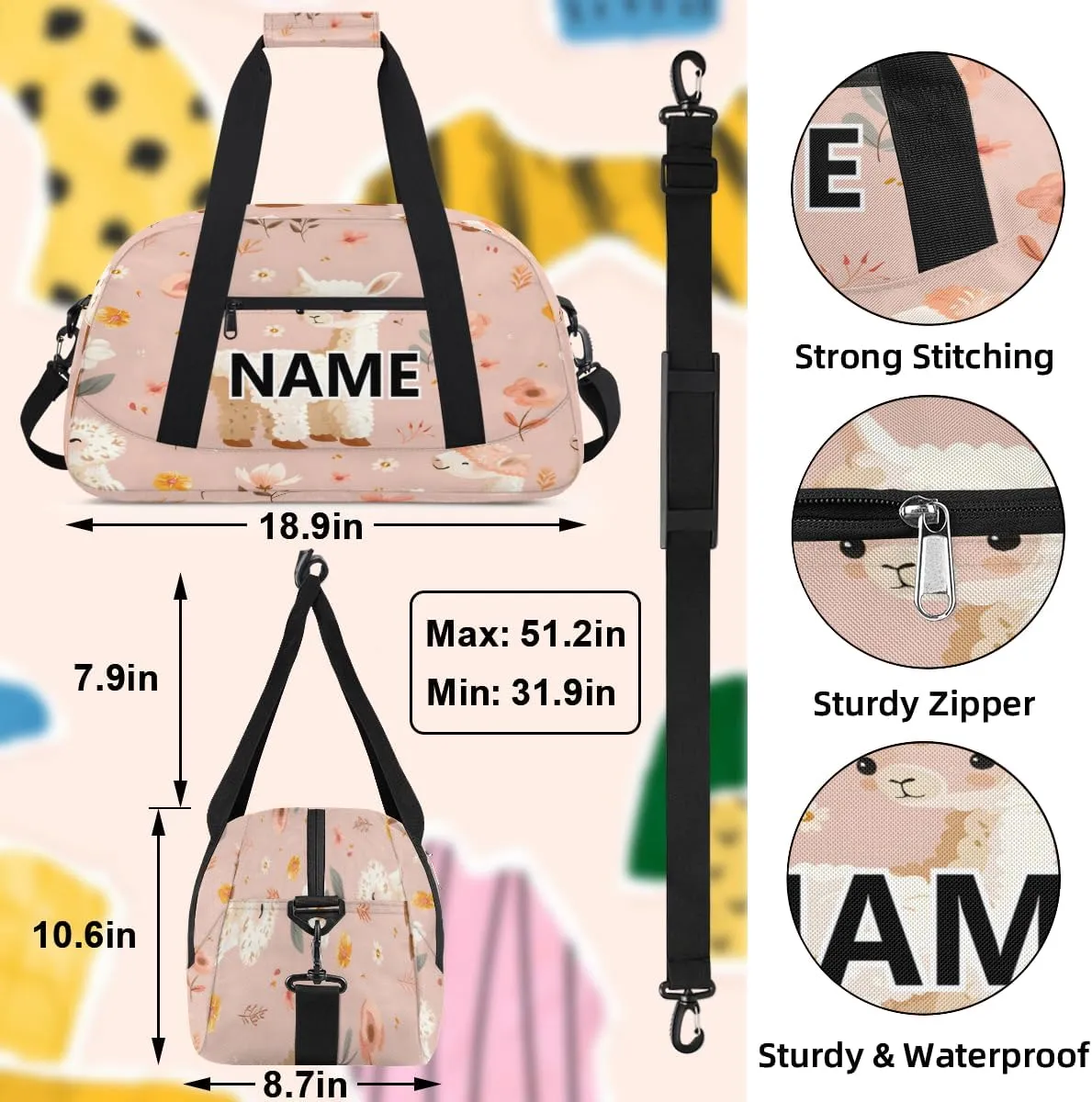 Cartoon Llama Mini Gym Bag 18 inch for Women Men Waterproof Custom Alpaca Cute Animal Travel Duffel Bag Carry On Overnight Tote Nurse Bag for Work Fitness Hiking
