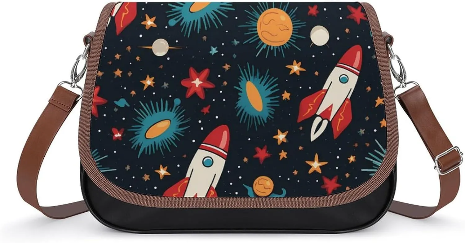 Cartoon Rockets Women's PU Leather Purses Crossbody Shoulder Bag Messenger Bag