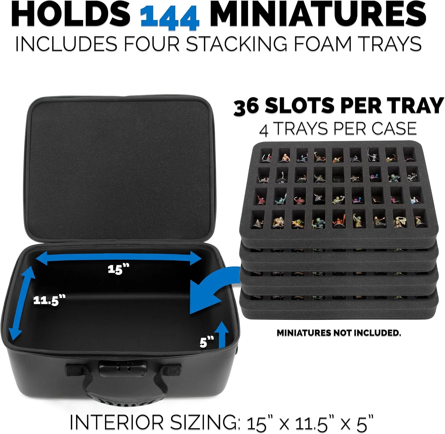 CASEMATIX Miniature Carrying Case with Programmable Lock - 144 Slot Miniature Storage Case with Four Impact-Absorbing Foam Trays For Minis, Adjustable Shoulder Strap, ID Card Holder and More!