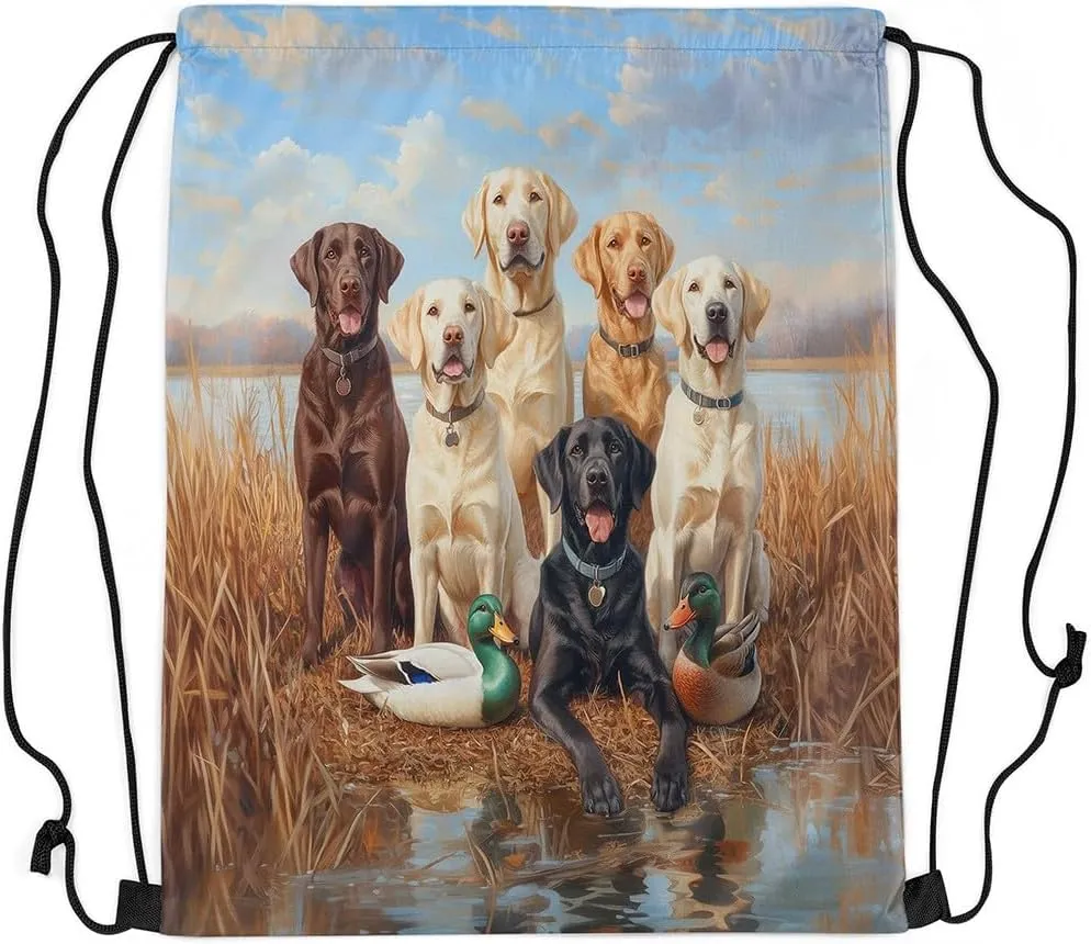 Castle Fairy 3D Dogs Wildlife Drawstring Backpack,Hunting Duck Drawstring Bag,Cute Puppy Animal Family Adjustable Draw String Bag,Lightweight