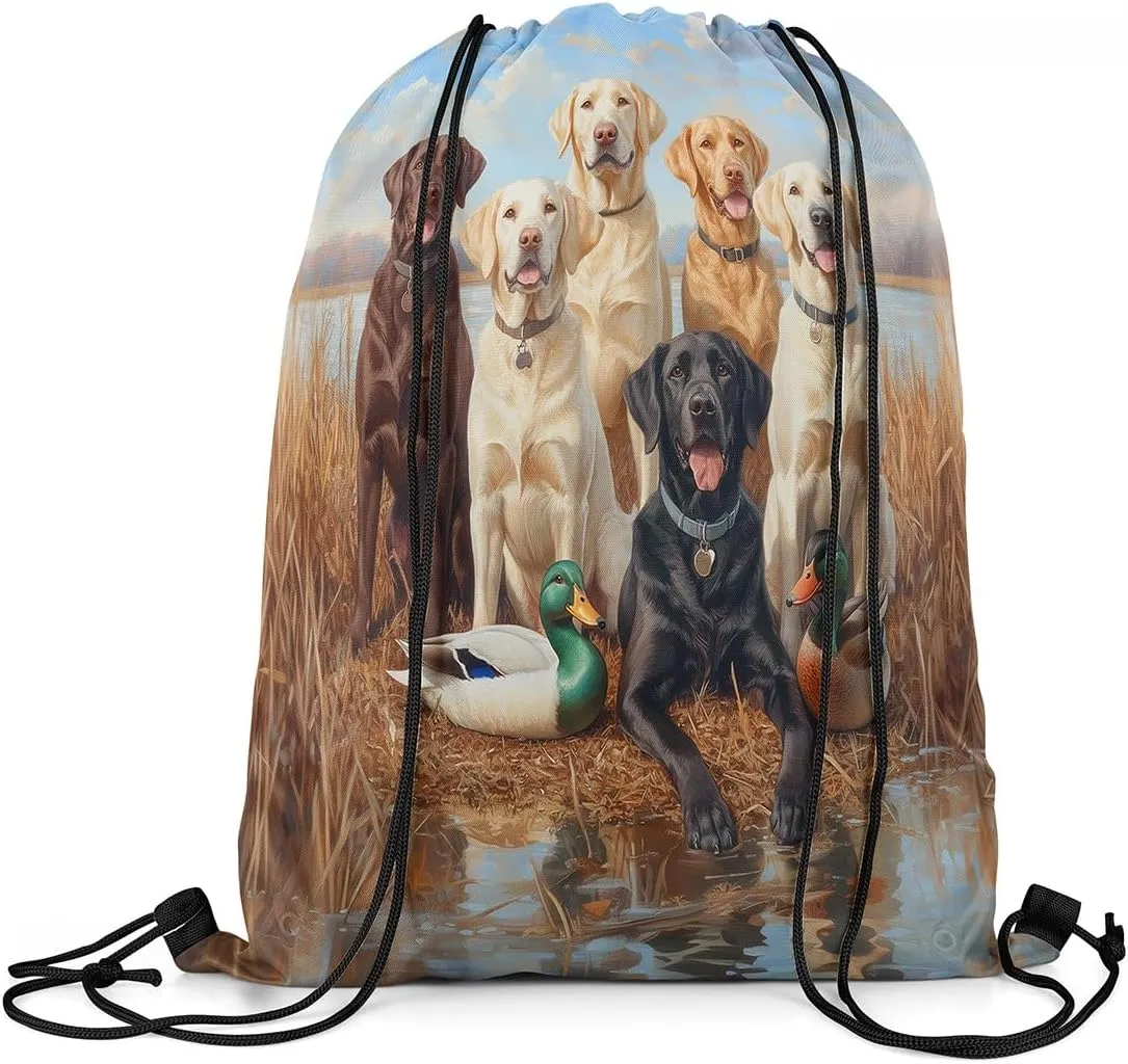 Castle Fairy 3D Dogs Wildlife Drawstring Backpack,Hunting Duck Drawstring Bag,Cute Puppy Animal Family Adjustable Draw String Bag,Lightweight