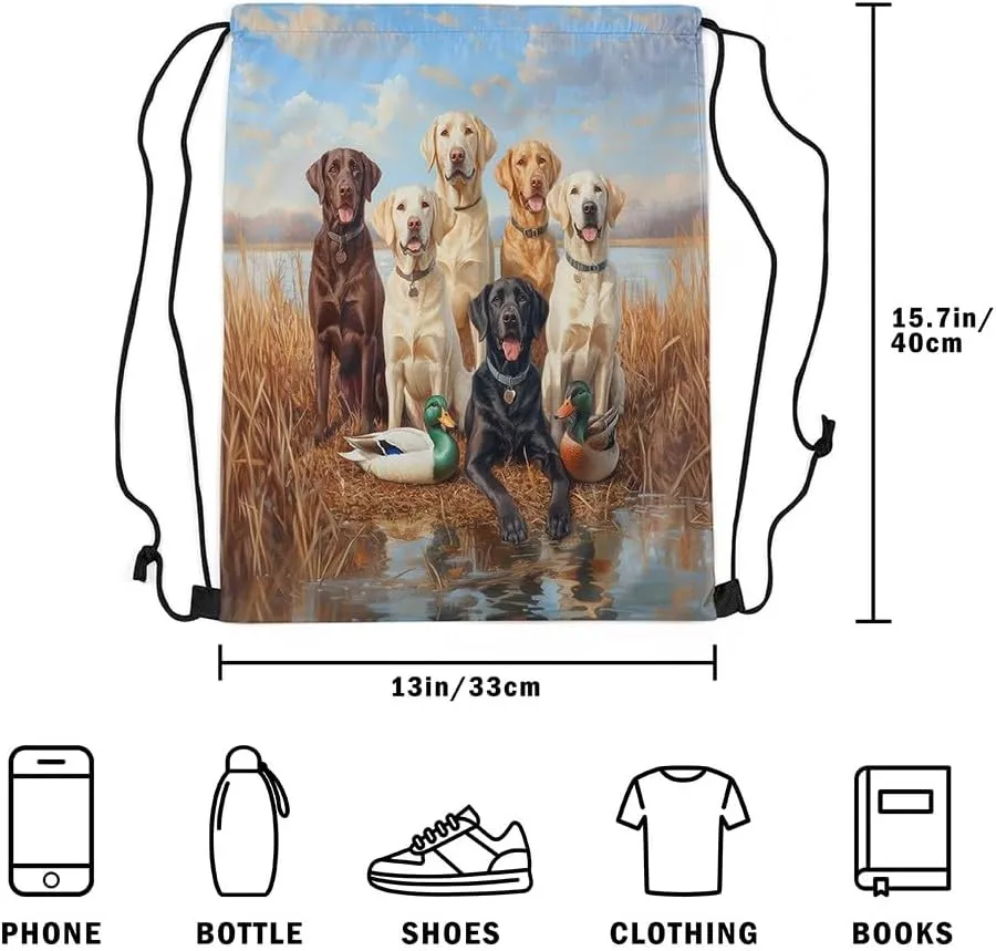 Castle Fairy 3D Dogs Wildlife Drawstring Backpack,Hunting Duck Drawstring Bag,Cute Puppy Animal Family Adjustable Draw String Bag,Lightweight