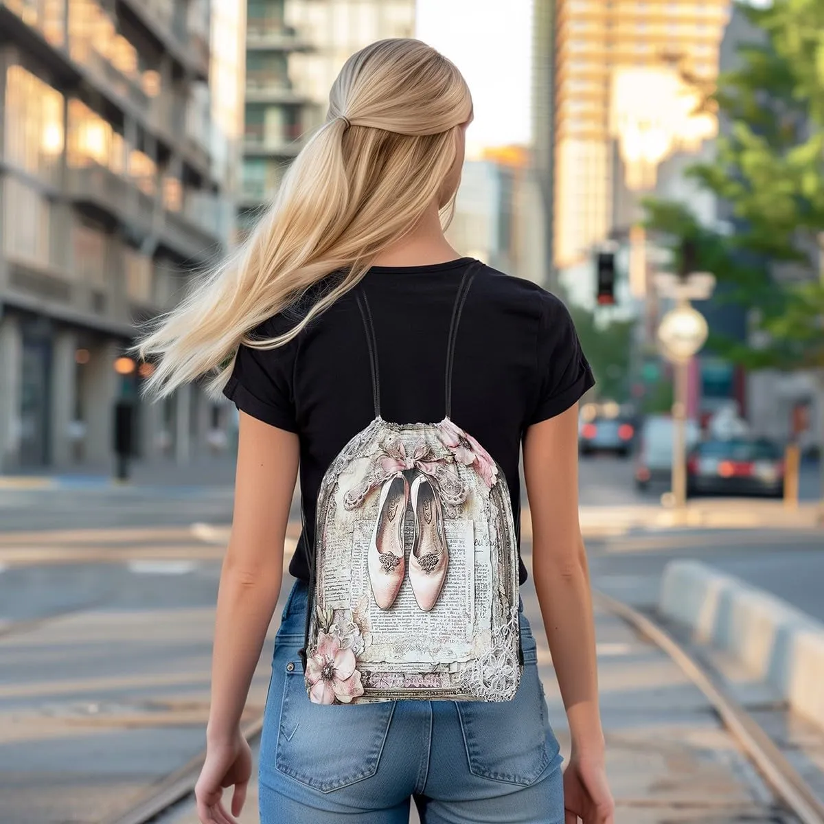 Castle Fairy Ballet Shoes Drawstring Backpack,Vintage Newspaper Print Drawstring Bag,Artistic Dancing Adjustable Draw String Bag,Lightweight