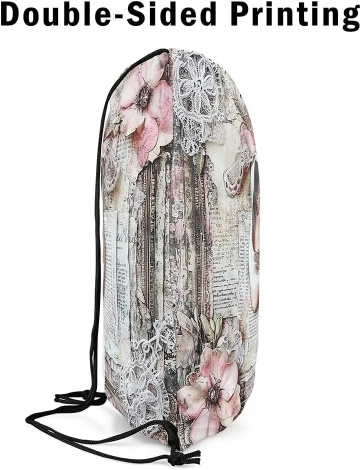Castle Fairy Ballet Shoes Drawstring Backpack,Vintage Newspaper Print Drawstring Bag,Artistic Dancing Adjustable Draw String Bag,Lightweight