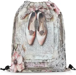 Castle Fairy Ballet Shoes Drawstring Backpack,Vintage Newspaper Print Drawstring Bag,Artistic Dancing Adjustable Draw String Bag,Lightweight