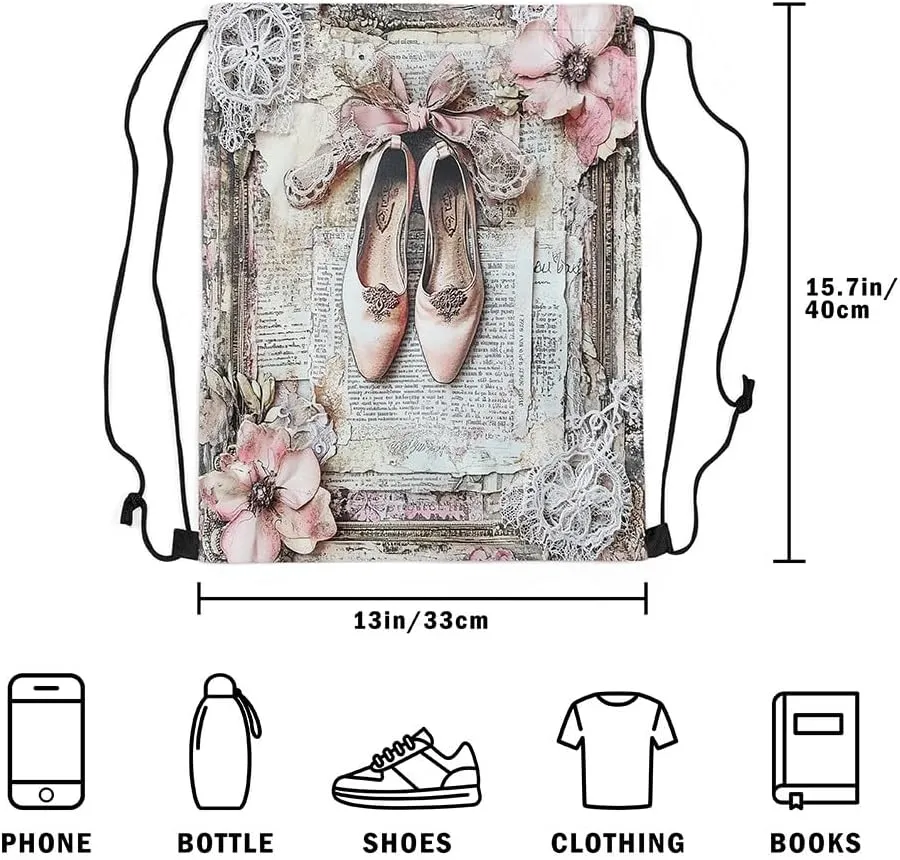 Castle Fairy Ballet Shoes Drawstring Backpack,Vintage Newspaper Print Drawstring Bag,Artistic Dancing Adjustable Draw String Bag,Lightweight