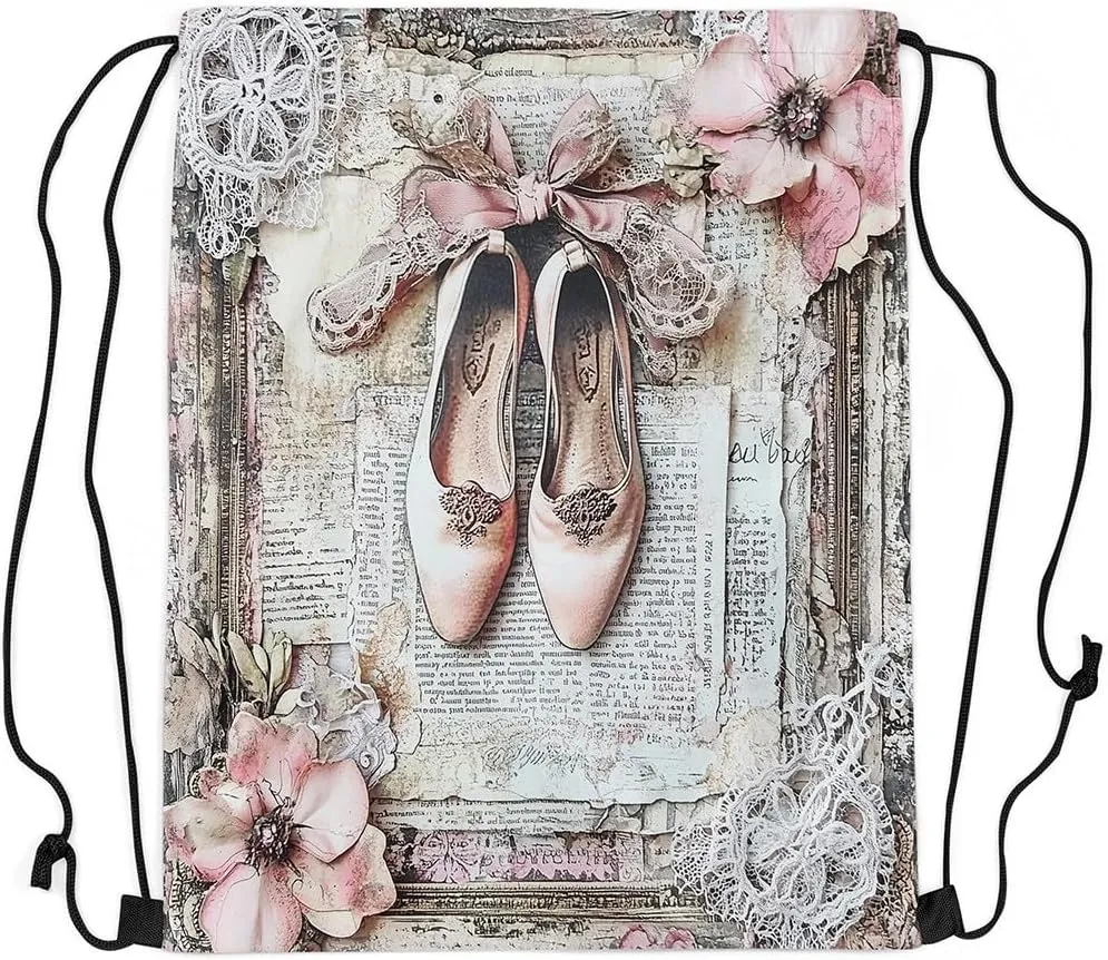 Castle Fairy Ballet Shoes Drawstring Backpack,Vintage Newspaper Print Drawstring Bag,Artistic Dancing Adjustable Draw String Bag,Lightweight