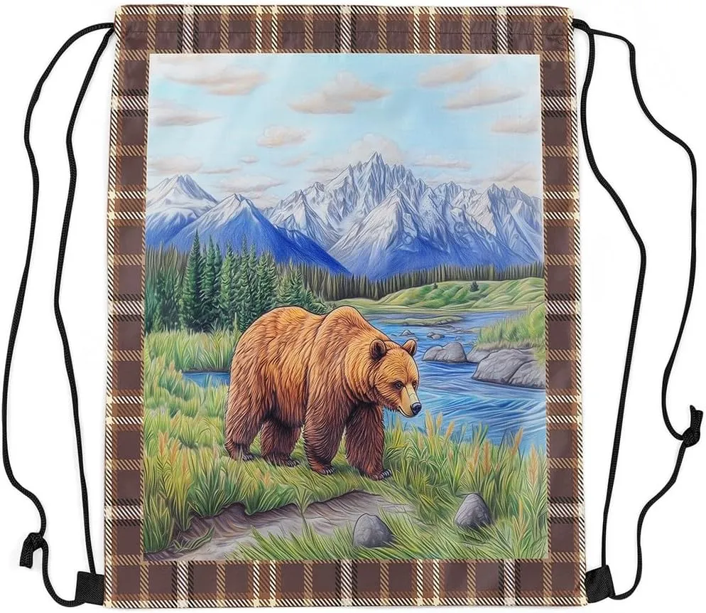 Castle Fairy Wild Bear Waterproof Drawstring Bag,Animal Hunting Theme Backpack for Shopping Travelling,Natural Mountain Scenery Sackpacks Gym Pack
