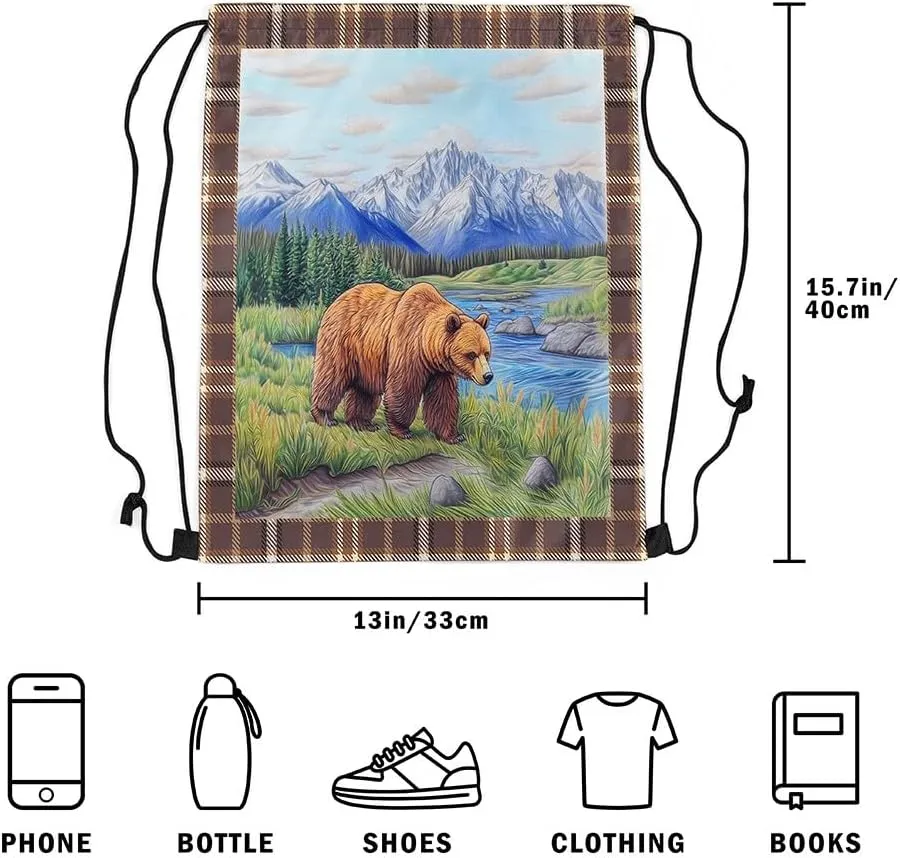 Castle Fairy Wild Bear Waterproof Drawstring Bag,Animal Hunting Theme Backpack for Shopping Travelling,Natural Mountain Scenery Sackpacks Gym Pack