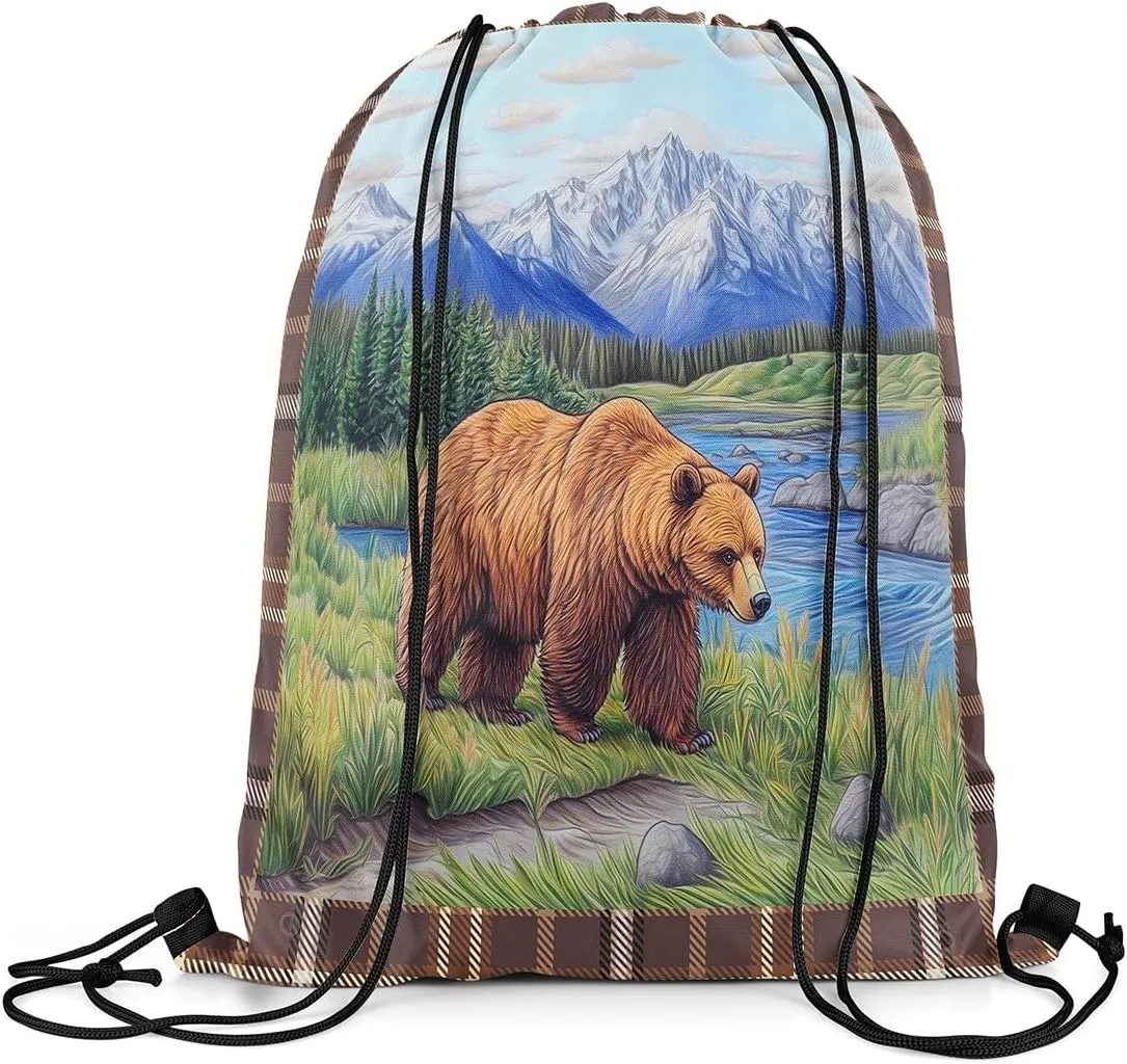 Castle Fairy Wild Bear Waterproof Drawstring Bag,Animal Hunting Theme Backpack for Shopping Travelling,Natural Mountain Scenery Sackpacks Gym Pack