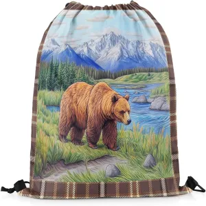Castle Fairy Wild Bear Waterproof Drawstring Bag,Animal Hunting Theme Backpack for Shopping Travelling,Natural Mountain Scenery Sackpacks Gym Pack