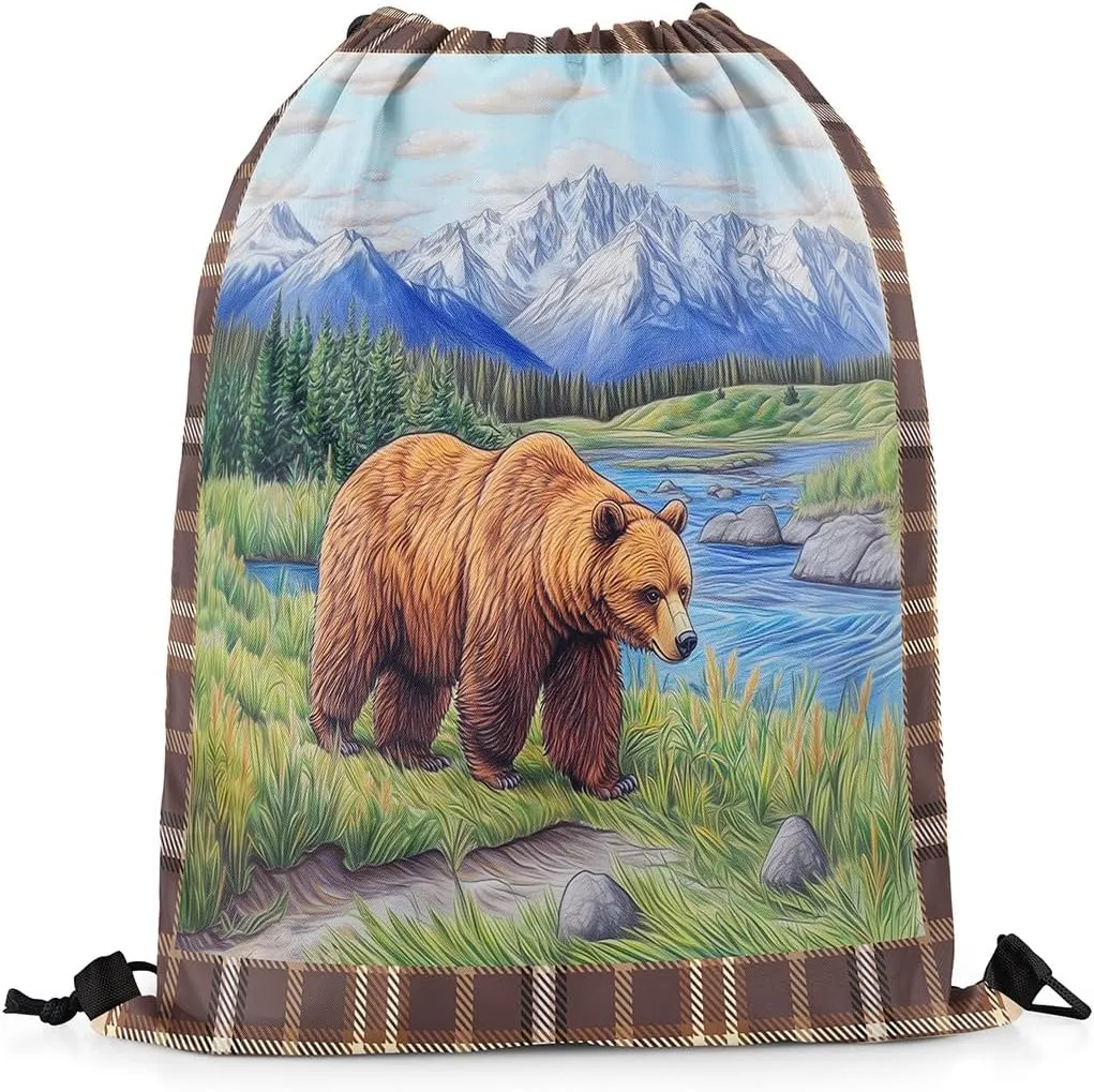 Castle Fairy Wild Bear Waterproof Drawstring Bag,Animal Hunting Theme Backpack for Shopping Travelling,Natural Mountain Scenery Sackpacks Gym Pack