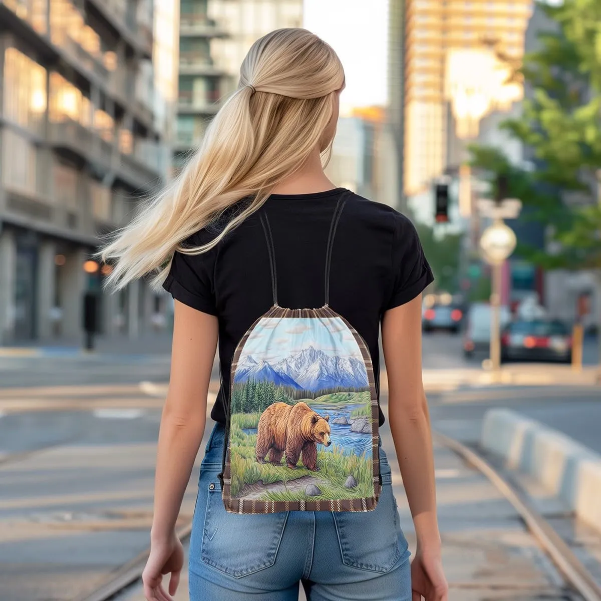 Castle Fairy Wild Bear Waterproof Drawstring Bag,Animal Hunting Theme Backpack for Shopping Travelling,Natural Mountain Scenery Sackpacks Gym Pack