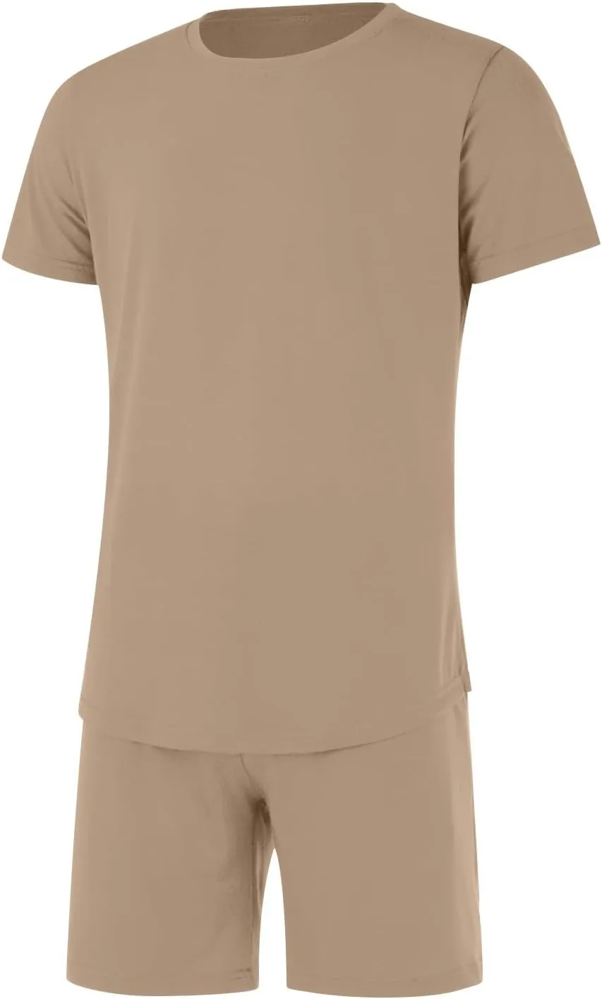 Casual 2 Piece Tracksuits for Men Slim Fit Crewneck Short Sleeve Shirt and Drawstring Shorts Sets Solid Curved Hem Outfits