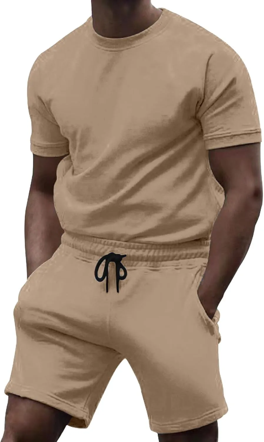Casual 2 Piece Tracksuits for Men Slim Fit Crewneck Short Sleeve Shirt and Drawstring Shorts Sets Solid Curved Hem Outfits