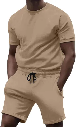 Casual 2 Piece Tracksuits for Men Slim Fit Crewneck Short Sleeve Shirt and Drawstring Shorts Sets Solid Curved Hem Outfits