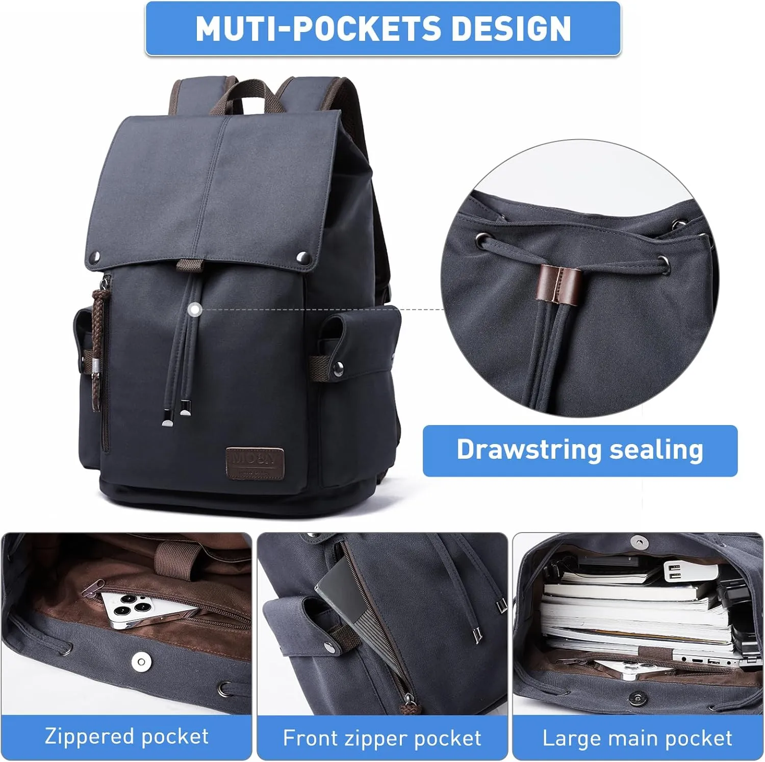Casual Backpack for Men, Vintage Backpack Fits 15.6" Laptop Daypacks Backpack Purse Water Resistant for College Travel Hiking Climbing Business (Dark Blue)