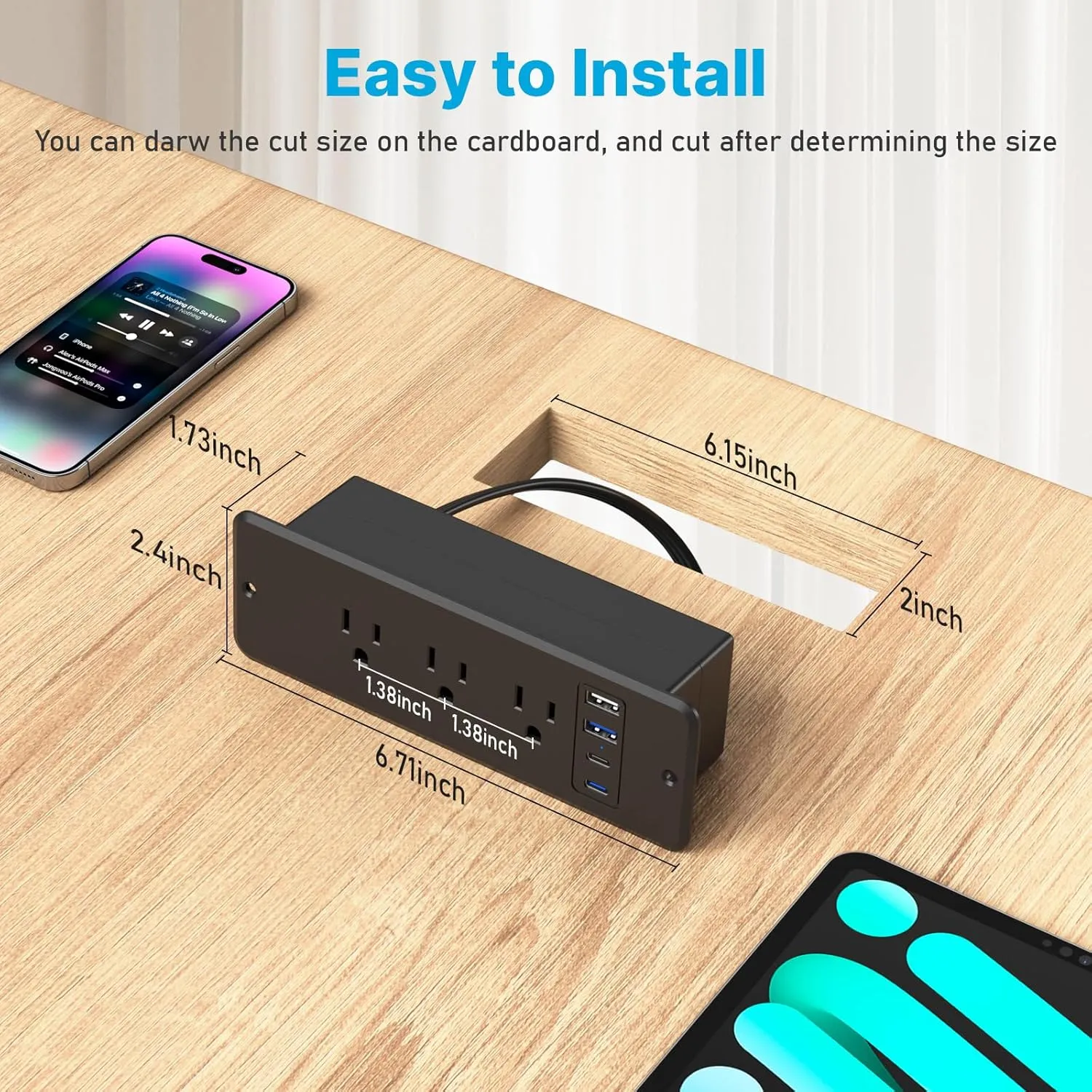 CCCEI 6 Outlets Dual Side Recessed Power Strip with 45W USB C Port, Furniture Flush Mount, Under Desk, Desk Top Multiple Outlet, Hidden Charging Station for Conference Table, Nightstand, Black. 6FT.