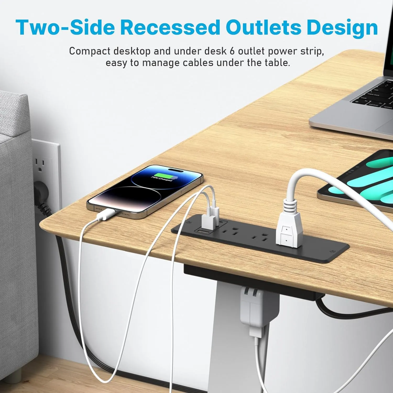 CCCEI 6 Outlets Dual Side Recessed Power Strip with 45W USB C Port, Furniture Flush Mount, Under Desk, Desk Top Multiple Outlet, Hidden Charging Station for Conference Table, Nightstand, Black. 6FT.
