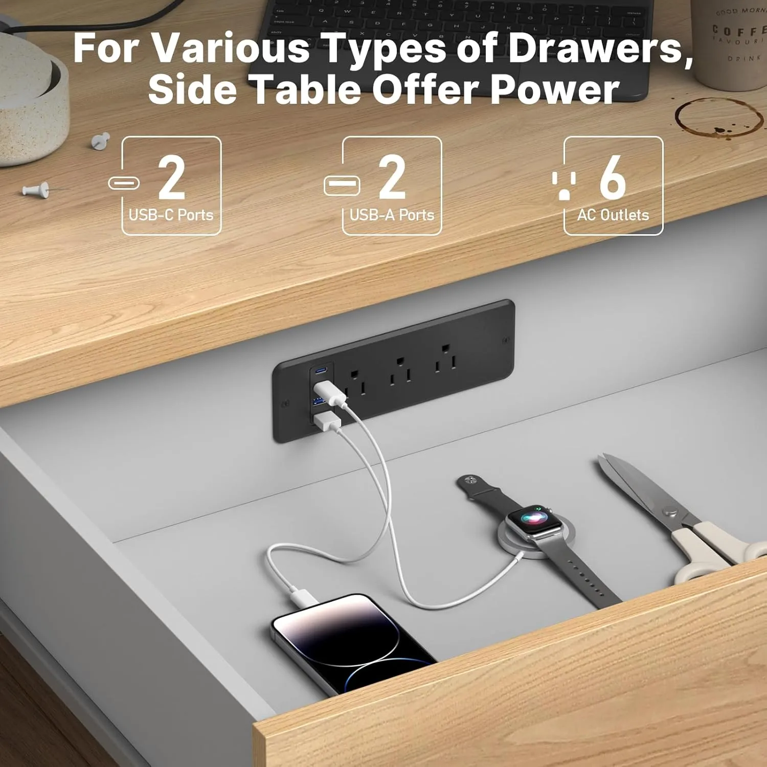CCCEI 6 Outlets Dual Side Recessed Power Strip with 45W USB C Port, Furniture Flush Mount, Under Desk, Desk Top Multiple Outlet, Hidden Charging Station for Conference Table, Nightstand, Black. 6FT.