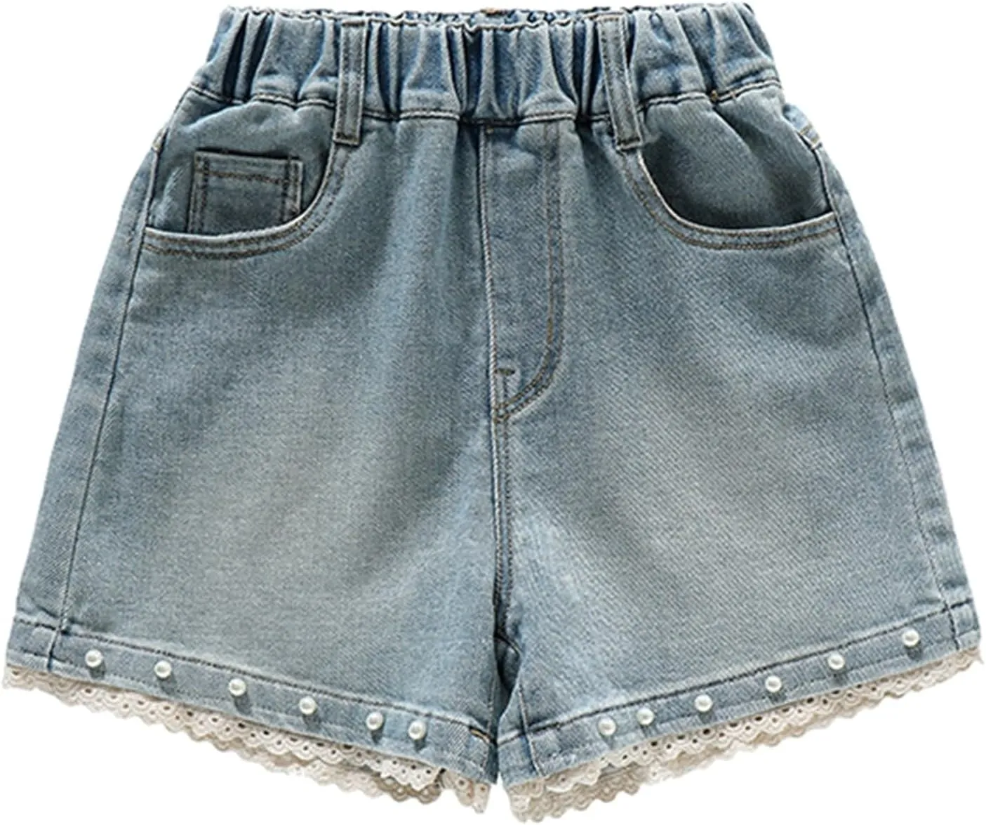 Children Girls Elastic Waist Denim Shorts High Waist Wide Leg Ripped Jean with Lace Ruffle Jeans Shorts Casual Wear