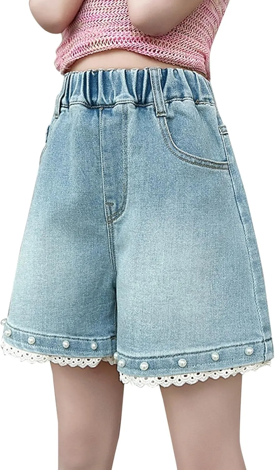 Children Girls Elastic Waist Denim Shorts High Waist Wide Leg Ripped Jean with Lace Ruffle Jeans Shorts Casual Wear
