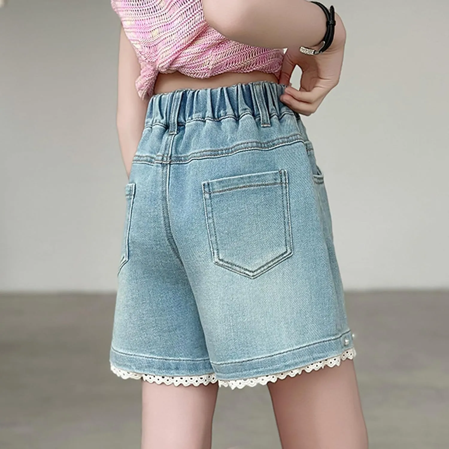 Children Girls Elastic Waist Denim Shorts High Waist Wide Leg Ripped Jean with Lace Ruffle Jeans Shorts Casual Wear