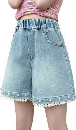 Children Girls Elastic Waist Denim Shorts High Waist Wide Leg Ripped Jean with Lace Ruffle Jeans Shorts Casual Wear